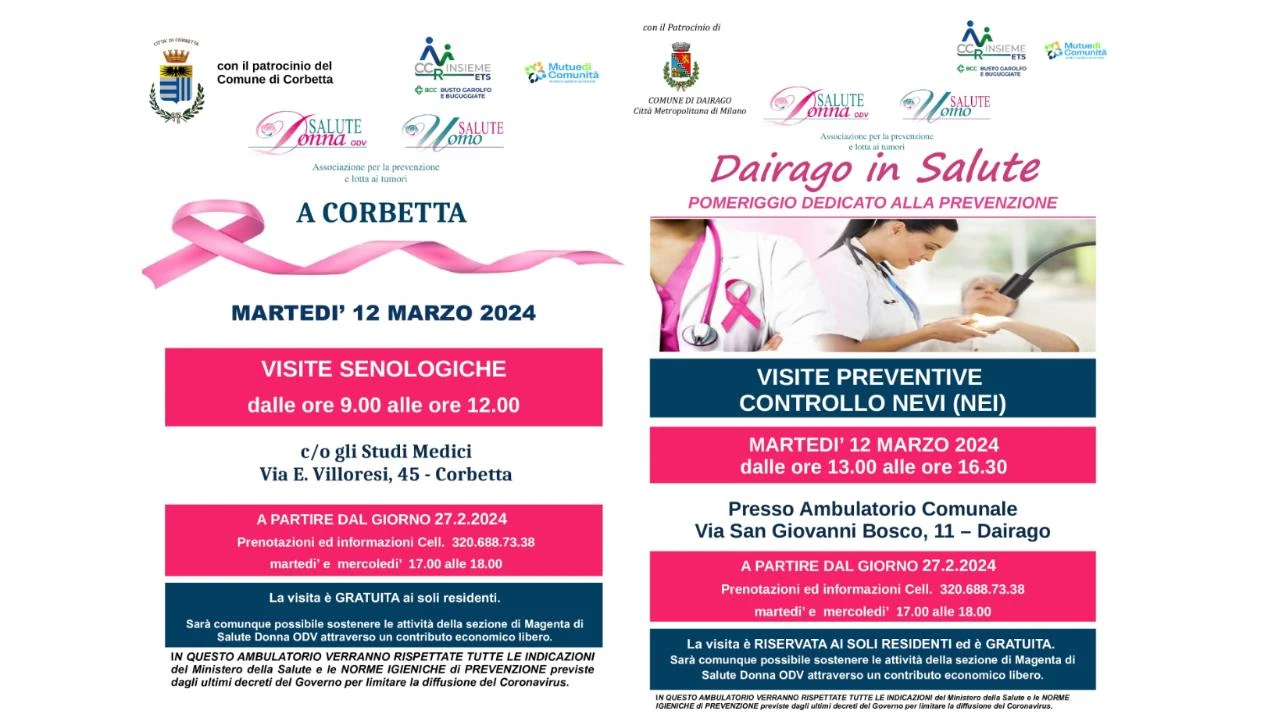Il 12 marzo a Corbetta e Dairago prevenzione oncologica gratuita